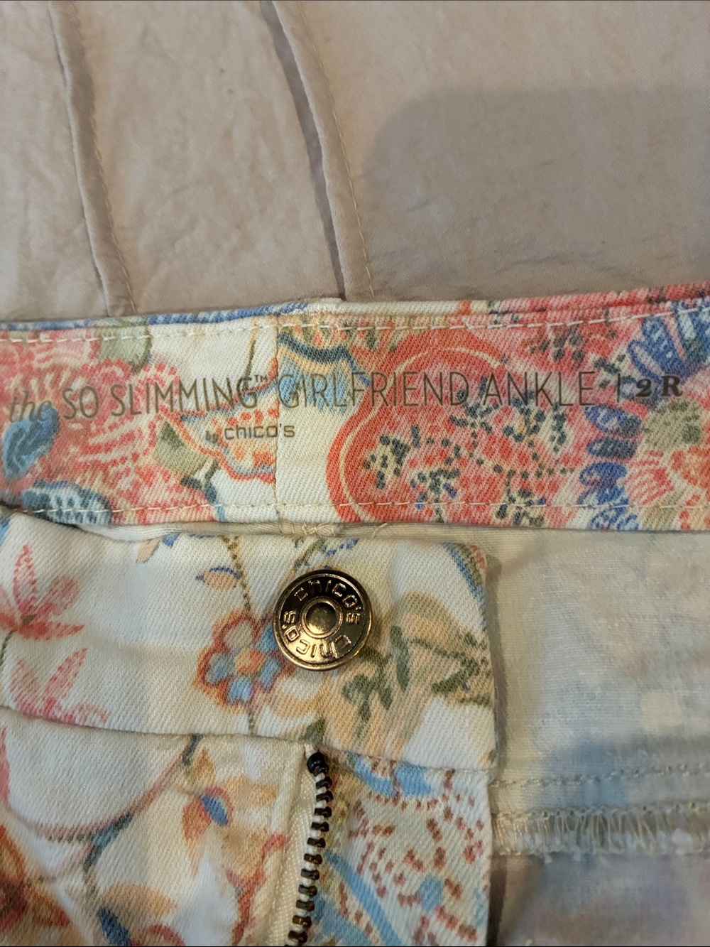 Chico's Floral Skinny Jeans — Cream with Coral & Blue Accents